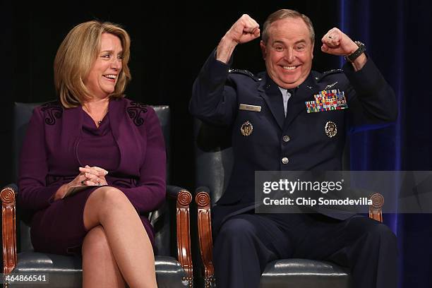 Air Force Secretary Deborah Lee James and Air Force Chief of Staff Gen. Mark Welsh III share a light moment during James' ceremonial swearing in at...