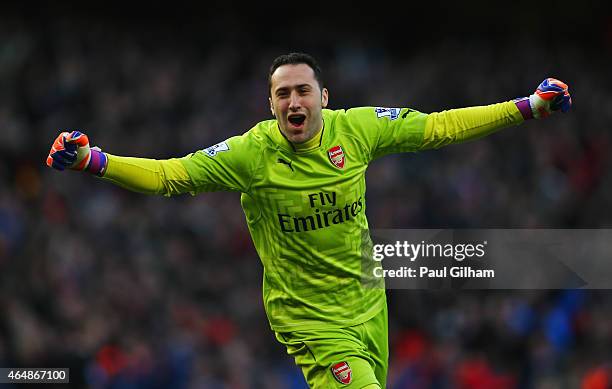 Goalkeeper David Ospina of Arsenal celebrates during the Barclays Premier League match between Arsenal and Everton at Emirates Stadium on March 1,...