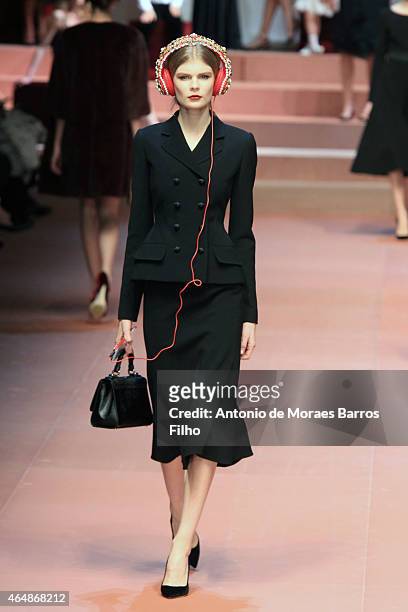 Model walks the runway at the Dolce & Gabbana show during the Milan Fashion Week Autumn/Winter 2015 on March 1, 2015 in Milan, Italy.