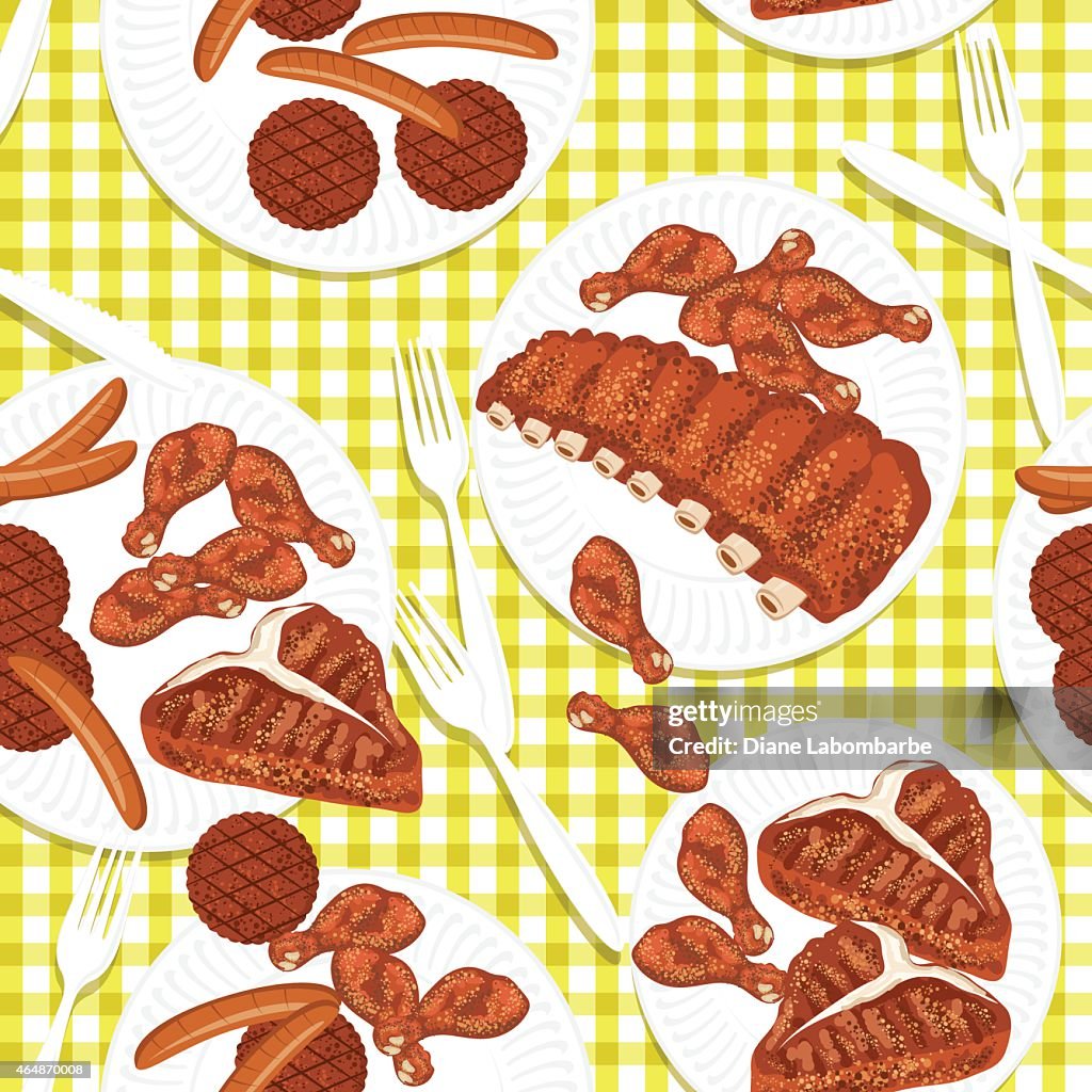 Picnic Table, Plates And BBQ Meat Seamless Pattern