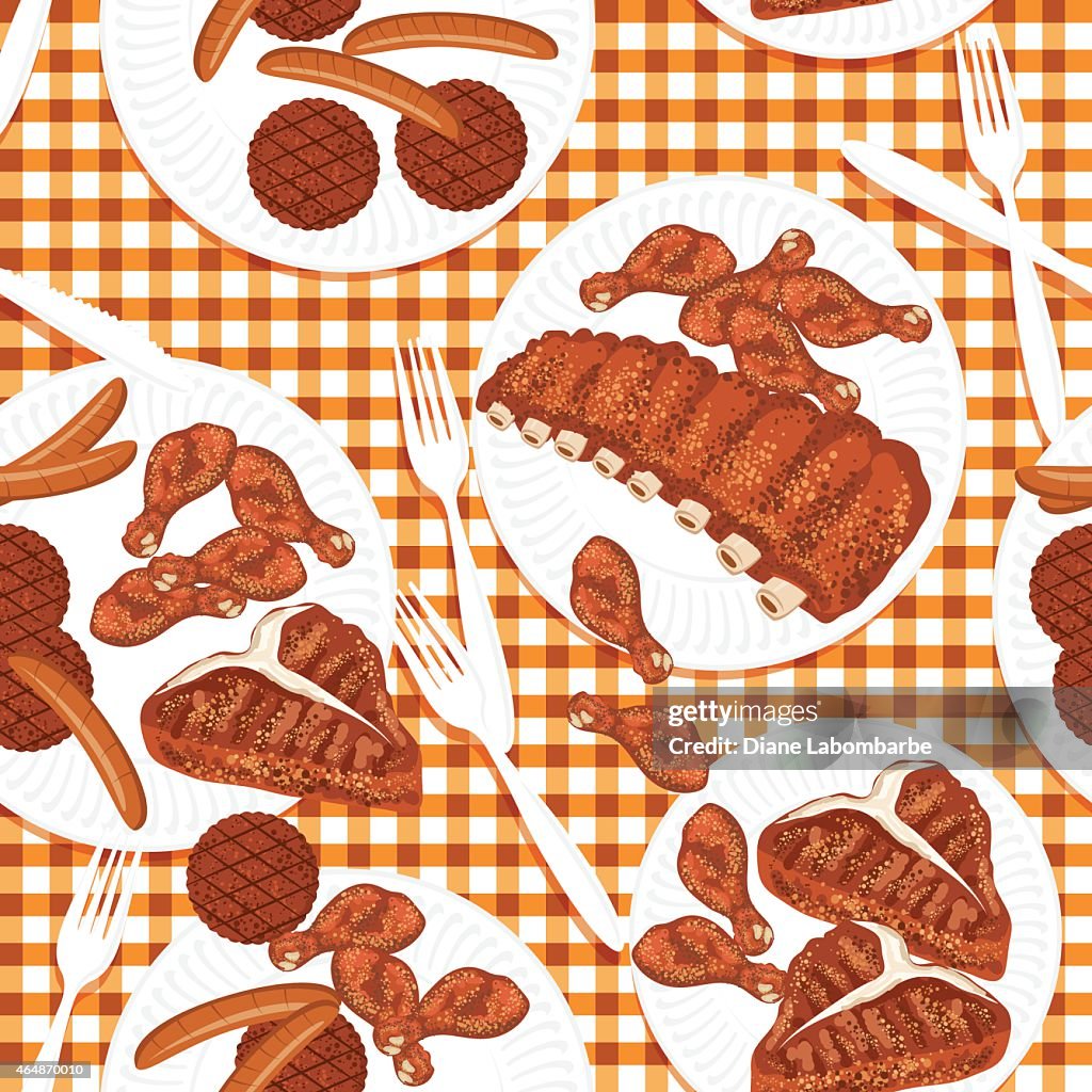 Picnic Table, Plates And BBQ Meat Seamless Pattern