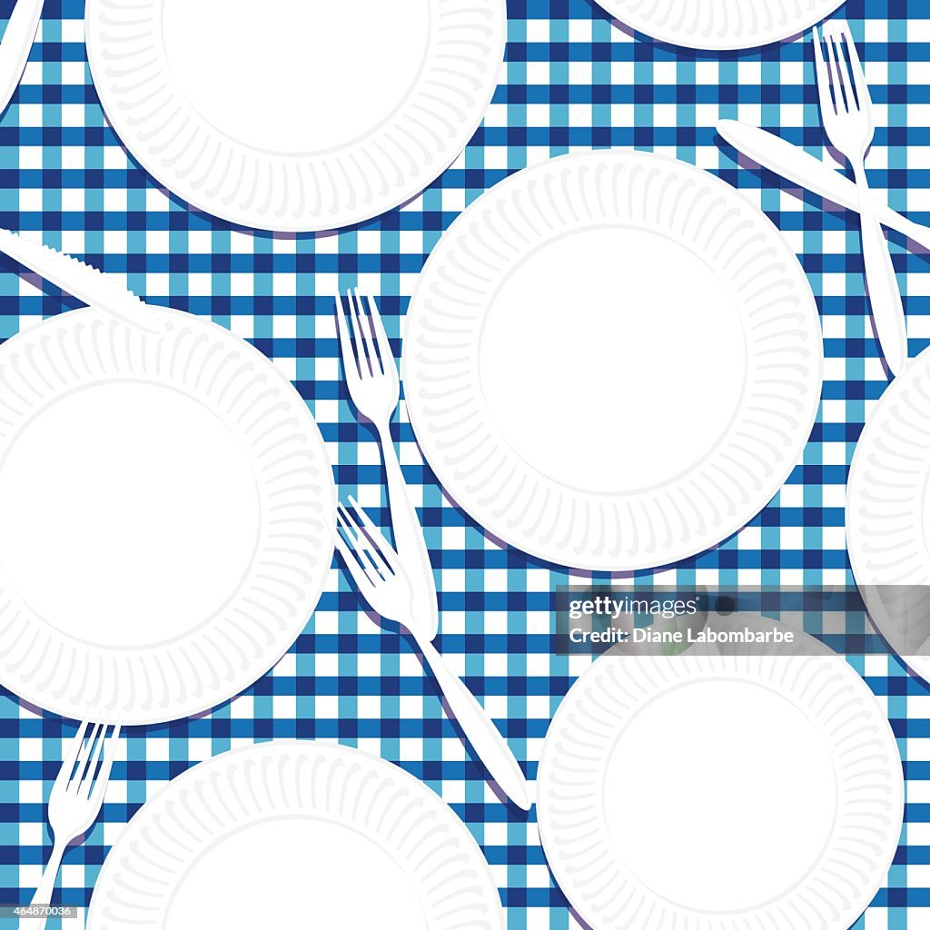 Picnic Table, Plates And Utensils Seamless Pattern
