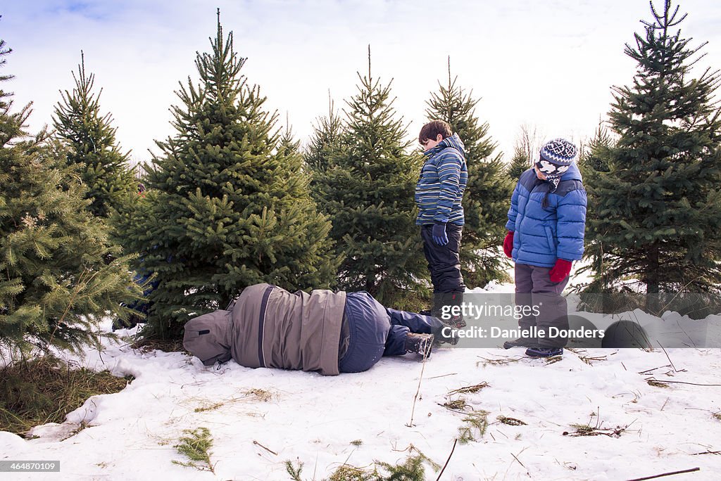 Father lying in snow to cut down a Christmas tree