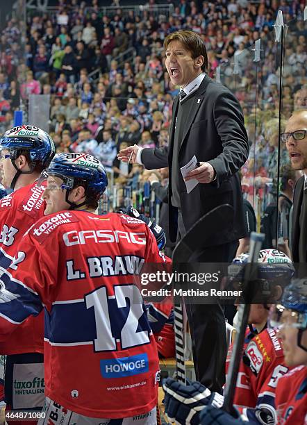 Coach Uwe Krupp of the Eisbaeren Berlin gestures during the game between Eisbaeren Berlin and Iserlohn Roosters on March 1, 2015 in Berlin, Germany.