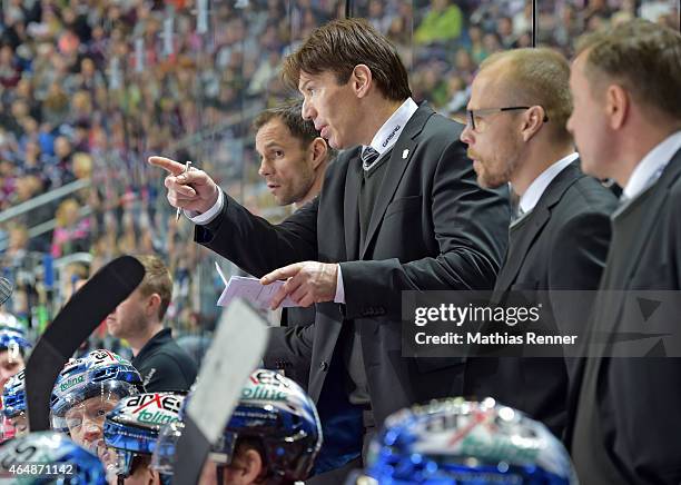 Coach Uwe Krupp of the Eisbaeren Berlin gestures during the game between Eisbaeren Berlin and Iserlohn Roosters on March 1, 2015 in Berlin, Germany.