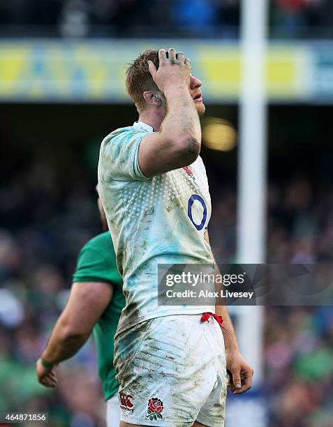 Ejected George Kruis of England reacts during the RBS Six Nations match between Ireland and England at the Aviva Stadium on March 1, 2015 in Dublin,...