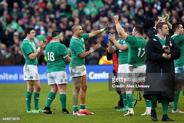 Simon Zebo of Ireland and Cian Healy of Ireland celebrate their team's 19-9 victory during the RBS Six Nations match between Ireland and England at...