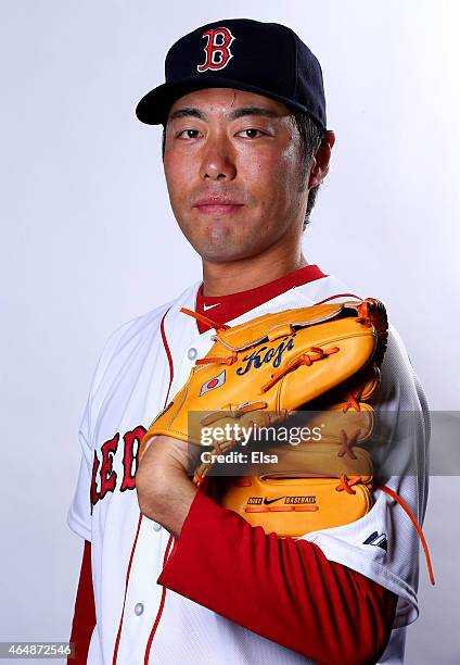 Koji Uehara of the Boston Red Sox poses for a portrait on March 1, 2015 at JetBlue Park in Fort Myers, Florida.