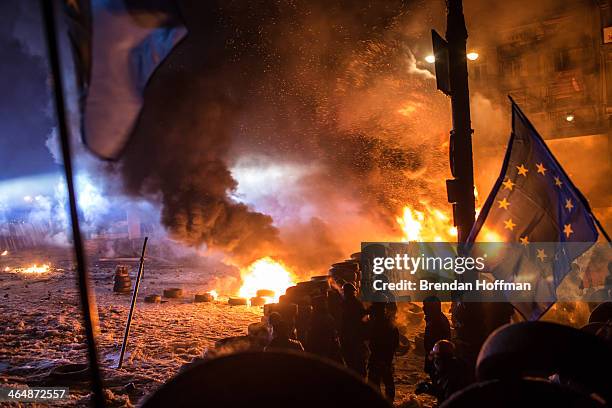 Anti-government protesters clash with police on Hrushevskoho Street near Dynamo stadium on January 24, 2014 in Kiev, Ukraine. After two months of...