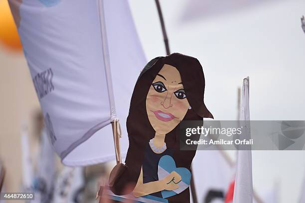 Banner of Cristina Fernandez de Kirchner is displayed during the inauguration of the 133rd Period of Congress Ordinary Sessions at the Congress on...