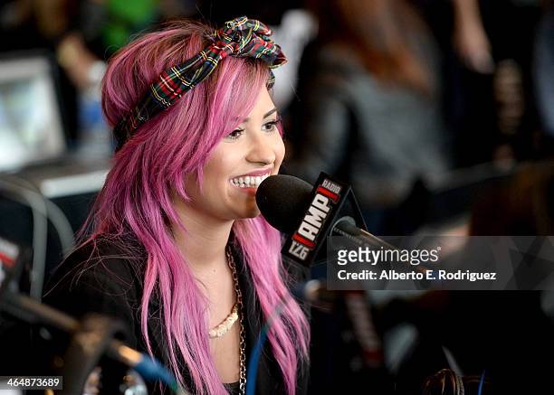 Recording artist Demi Lovato speaks backstage at the GRAMMYs Westwood One Radio Remotes during the 56th GRAMMY Awards at the Staples Center Arena...