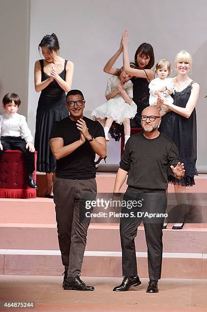 Stefano Gabbana and Domenico Dolce during the runway at the Dolce&Gabbana show during the Milan Fashion Week Autumn/Winter 2015 on March 1, 2015 in...