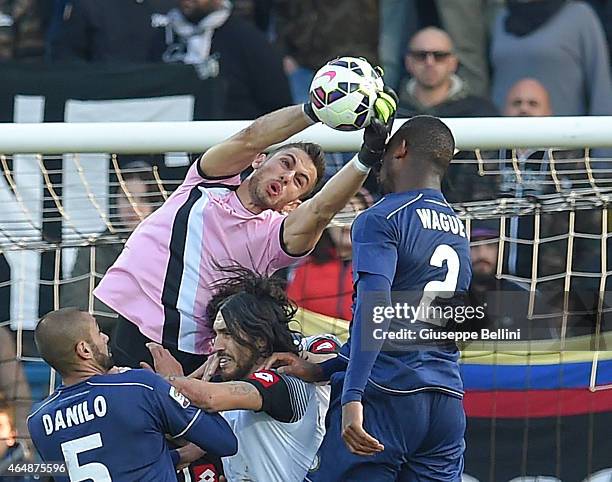 Nicola Leali of Cesena and Molla Wague of Udinese in action during the Serie A match between AC Cesena and Udinese Calcio at Dino Manuzzi Stadium on...