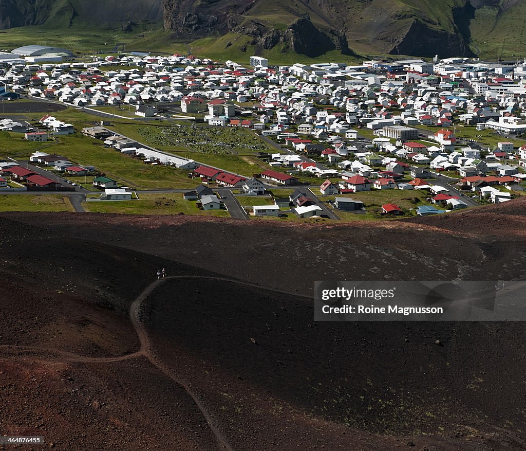 Tourists at volcano in city
