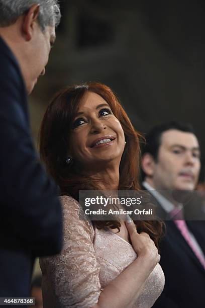 Cristina Fernandez de Kirchner smiles to Julian Dominguez President of the Argentine Chamber of Deputies during the inauguration of the 133rd Period...