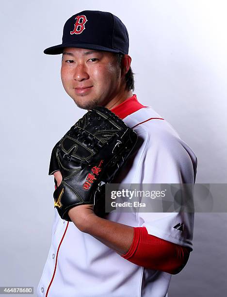 Junichi Tazawa of the Boston Red Sox poses for a portrait on March 1, 2015 at JetBlue Park in Fort Myers, Florida.