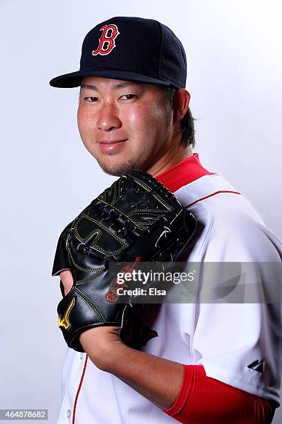 Junichi Tazawa of the Boston Red Sox poses for a portrait on March 1, 2015 at JetBlue Park in Fort Myers, Florida.