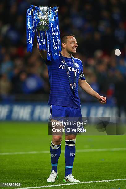Captain John Terry of Chelsea celebrates with the trophy during the Capital One Cup Final match between Chelsea and Tottenham Hotspur at Wembley...