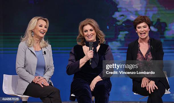 Barbara Bouchet, Iva Zanicchi and Corinne Clery attend the 'Quelli Che Il Calcio' Tv Show on March 1, 2015 in Milan, Italy.