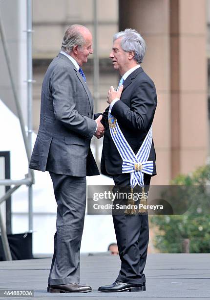 Juan Carlos of Spain presents his compliments to the new president of Uruguay, Tabaré Vázquez, at Independence Square in Montevideo on March 01, 2015...