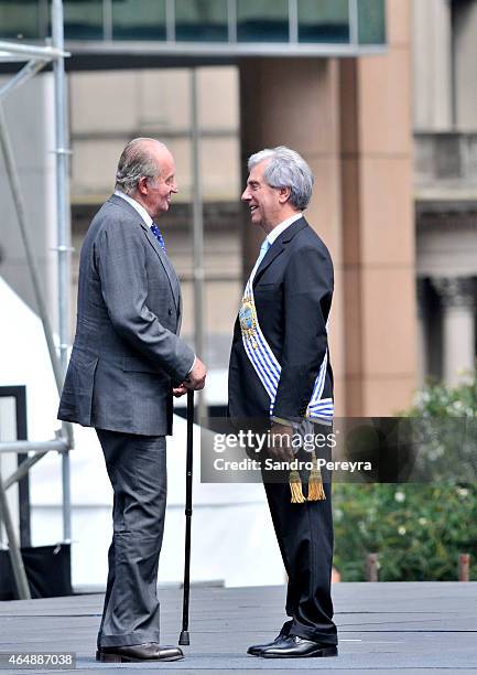 Juan Carlos of Spain presents his compliments to the new president of Uruguay, Tabaré Vázquez, at Independence Square in Montevideo on March 01, 2015...