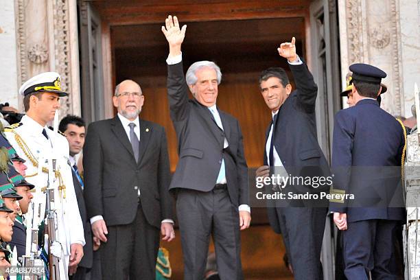 President of Uruguay Tabaré Vázquez and Vice President Raul Sendic greet upon arrival at the headquarters of the Parliament to speak before the...