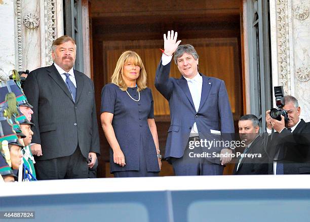 Amado Boudou Vice Presidente of Argentina greets upon arrival at the seat of the Parliament of Uruguay for the Act of assumption of the Uruguayan...