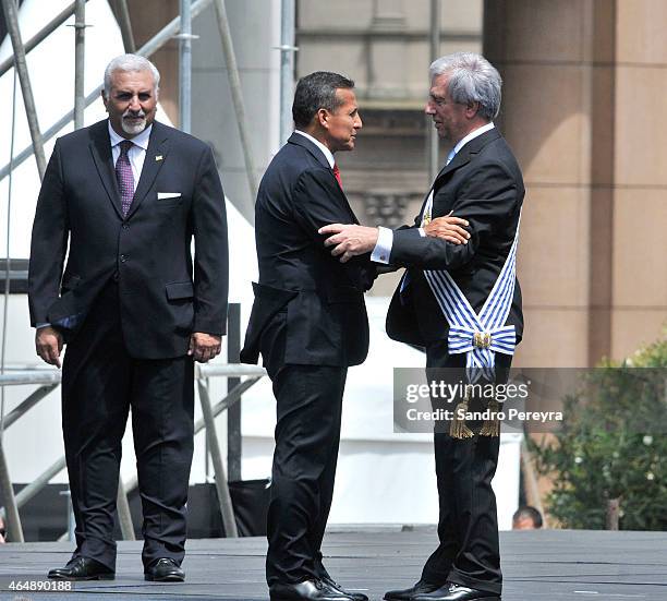 Ollanta Humala President of Peru presents his compliments to the new president of Uruguay, Tabaré Vázquez, at Independence Square in Montevideo on...