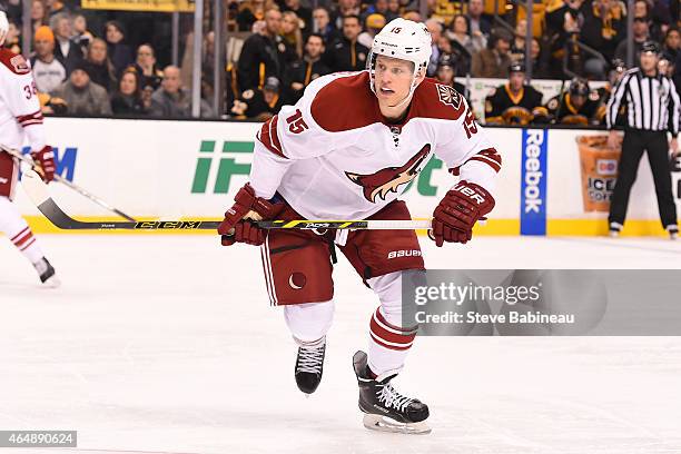 Henrik Samuelsson of the Arizona Coyotes skates against the Boston Bruins at the TD Garden on February 28, 2015 in Boston, Massachusetts.