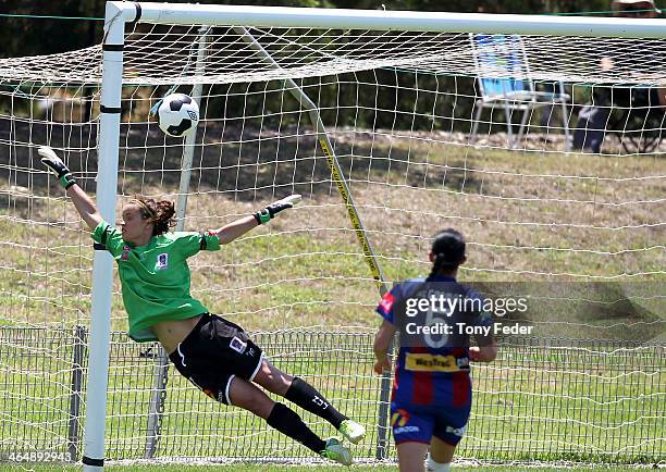 Eliza Campbell of the Jets attempts to save a goal during the round 10 W-League match between the Newcastle Jets and Melbourne Victory at Adamstown...