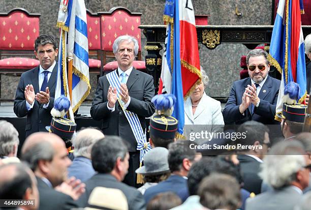 Uruguayan President Tabare Vazquez and Vice President Raúl Sendic observe the military parade during the ceremony of assumption of office in Plaza...