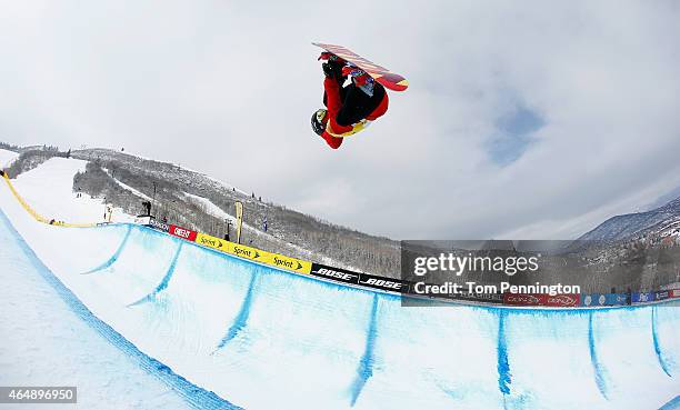 Xuetong Cai of China competes during the FIS Snowboard World Cup 2015 Ladies' Snowboard Halfpipe Final during the U.S. Grand Prix at Park City...