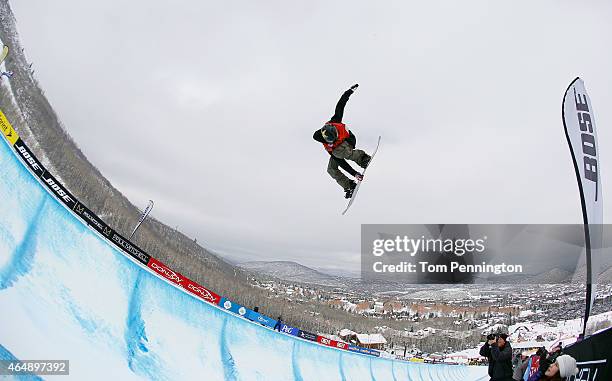 Jake Pates competes during the FIS Snowboard World Cup 2015 Men's Snowboard Halfpipe Final during the U.S. Grand Prix at Park City Mountain on March...