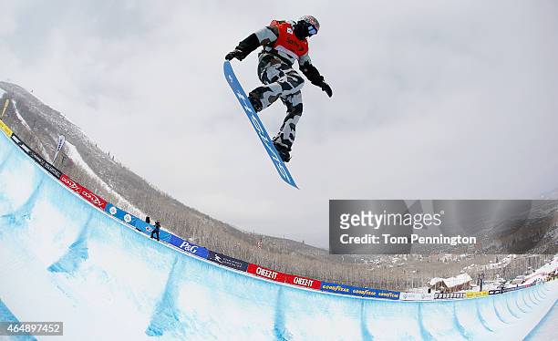 Gregory Bretz competes during the FIS Snowboard World Cup 2015 Men's Snowboard Halfpipe Final during the U.S. Grand Prix at Park City Mountain on...