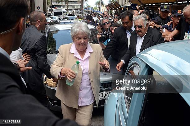 Former Uruguayan president Jose Pepe Mujica leaves the Plaza Independencia, after the inauguration of the new President Tabare Vazquez on March 1,...