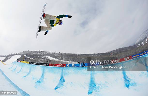 Jiayu Liu of China competes during the FIS Snowboard World Cup 2015 Ladies' Snowboard Halfpipe Final during the U.S. Grand Prix at Park City Mountain...
