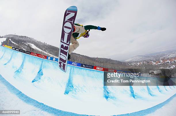 Jiayu Liu of China competes during the FIS Snowboard World Cup 2015 Ladies' Snowboard Halfpipe Final during the U.S. Grand Prix at Park City Mountain...