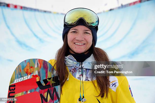 Kelly Clark poses after winning the FIS Snowboard World Cup 2015 Ladies' Snowboard Halfpipe Final during the U.S. Grand Prix at Park City Mountain on...