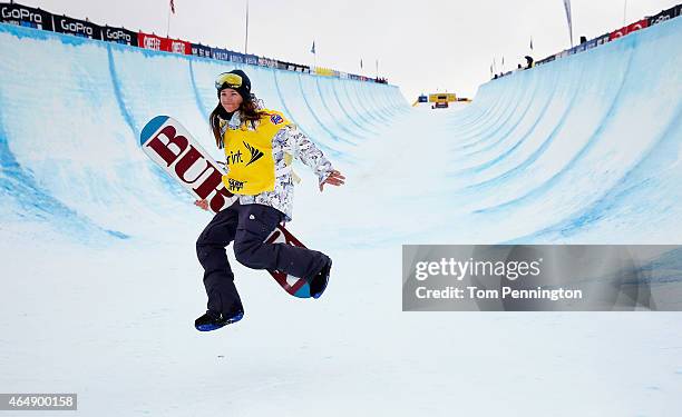 Kelly Clark poses after winning the FIS Snowboard World Cup 2015 Ladies' Snowboard Halfpipe Final during the U.S. Grand Prix at Park City Mountain on...