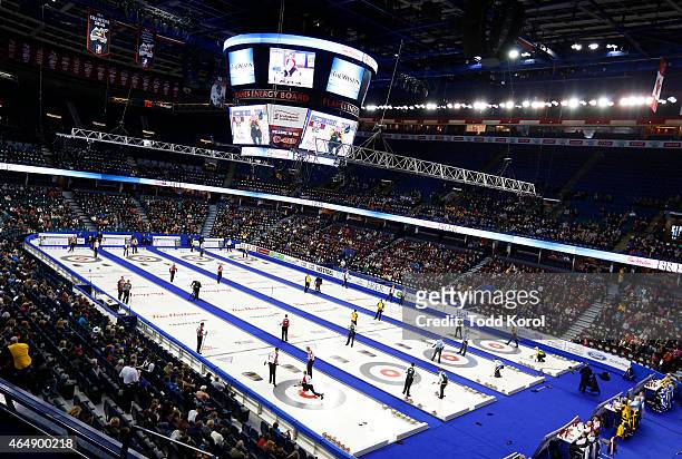 Draw 4 of the Canadian Men's Curling Championships takes place during the Tim Horton's Brier at the Scotiabank Saddledome on March 1, 2015 in...
