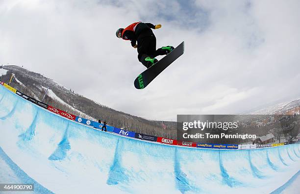 Taylor Gold competes during the FIS Snowboard World Cup 2015 Men's Snowboard Halfpipe Final during the U.S. Grand Prix at Park City Mountain on March...