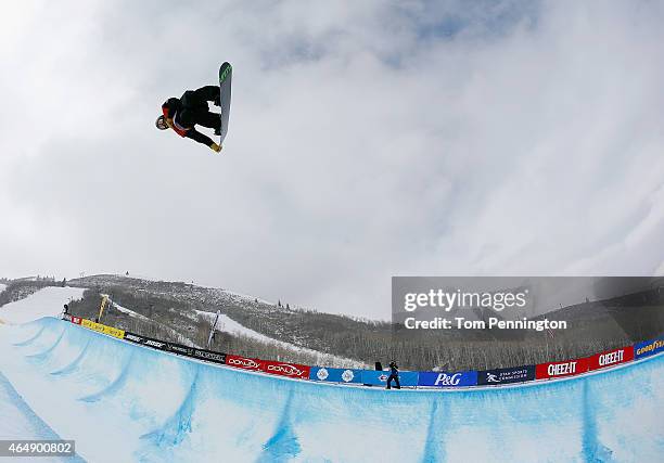 Taylor Gold competes during the FIS Snowboard World Cup 2015 Men's Snowboard Halfpipe Final during the U.S. Grand Prix at Park City Mountain on March...