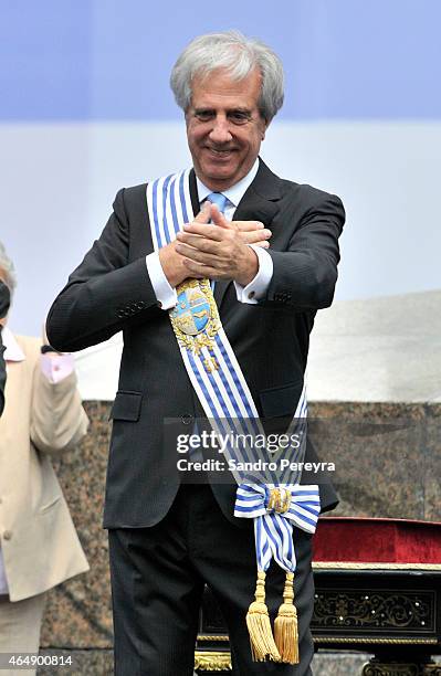 Tabaré Vázquez newly elected President of Uruguay greets during the change in command ceremony at independence square of Montevideo on March 01, 2015...