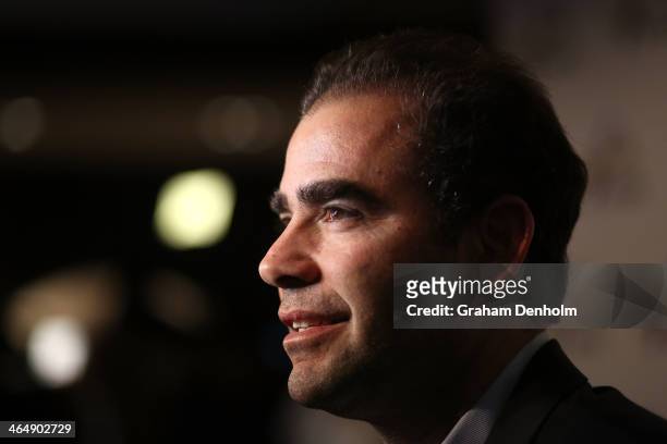 Former tennis player Pete Sampras arrives at the Legends Lunch during day 13 of the 2014 Australian Open at Melbourne Park on January 25, 2014 in...