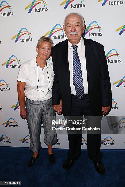 Former tennis player Mervyn Rose arrives at the Legends Lunch during day 13 of the 2014 Australian Open at Melbourne Park on January 25, 2014 in...