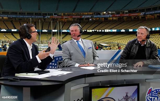 Hradek, Barry Melrose and Ron Wilson broadcast from Dodger Stadium during team practice before the 2014 Coors Light NHL Stadium Series between the...