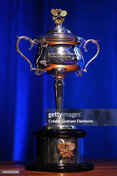 The Daphne Akhurst Memorial Cup is seen at the Legends Lunch during day 13 of the 2014 Australian Open at Melbourne Park on January 25, 2014 in...