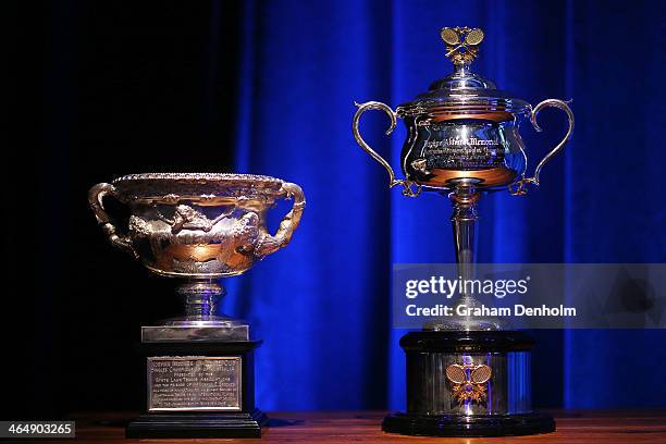 The Norman Brookes Challenge Cup and Daphne Akhurst Memorial Cup are seen at the Legends Lunch during day 13 of the 2014 Australian Open at Melbourne...