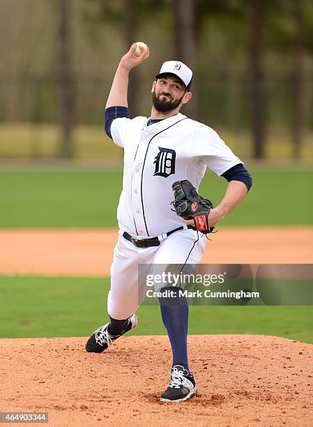 Josh Zeid of the Detroit Tigers pitches during Spring Training workouts at the TigerTown facility on February 26, 2015 in Lakeland, Florida.