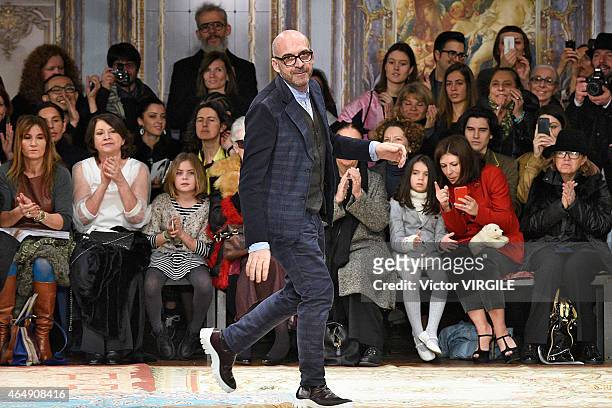 Designer Antonio Marras walks the runway at the Antonio Marras show during the Milan Fashion Week Autumn/Winter 2015 on February 28, 2015 in Milan,...